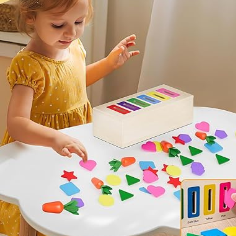 little girl and 3-in-1 Montessori- Inspired Color Shape Recognition Toy