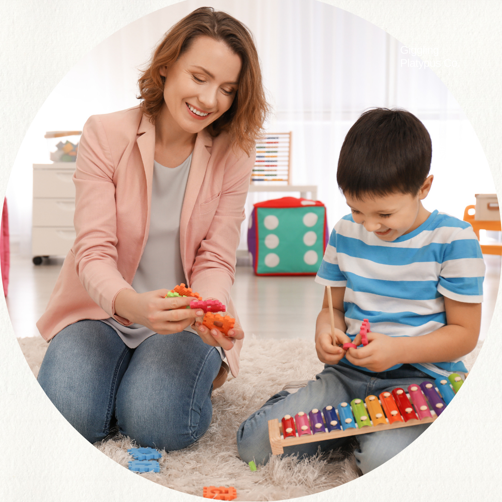 Adult and Child Enjoying Musical Interaction with a Colorful Xylophone 