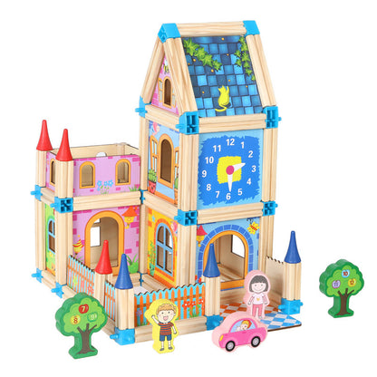 3D Wooden Dollhouse Building Blocks Set for Kids – 128 or 268 Pieces DIY Miniature House with Dolls and Accessories