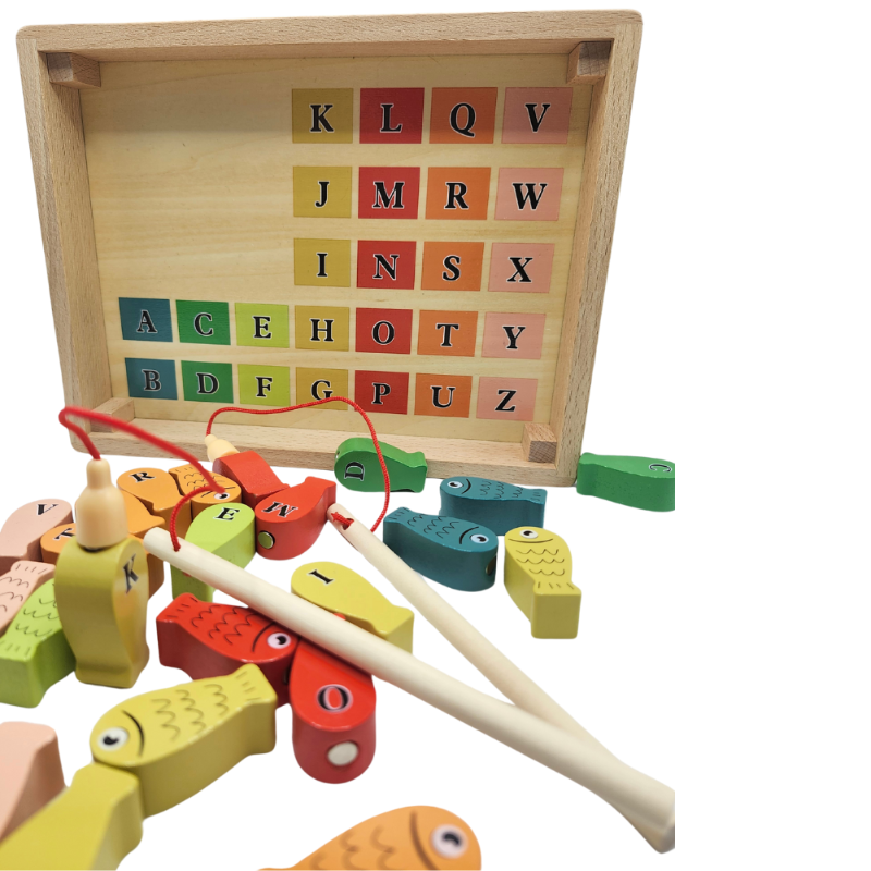 Jeu de pêche magnétique en bois inspiré de Montessori – Ensemble d’apprentissage de l’alphabet et de puzzle marin