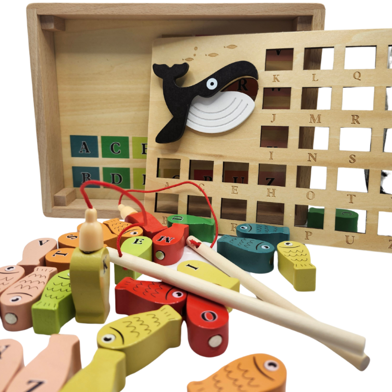 Jeu de pêche magnétique en bois inspiré de Montessori – Ensemble d’apprentissage de l’alphabet et de puzzle marin