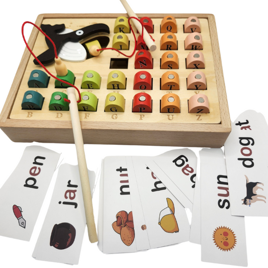 Jeu de pêche magnétique en bois inspiré de Montessori – Ensemble d’apprentissage de l’alphabet et de puzzle marin