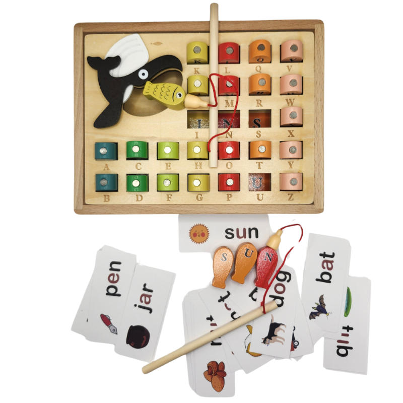 Jeu de pêche magnétique en bois inspiré de Montessori – Ensemble d’apprentissage de l’alphabet et de puzzle marin