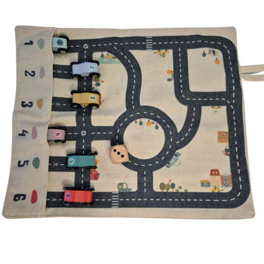 Tapis de jeu en toile inspiré de Montessori avec carte routière et voitures en bois numérotées – Interaction parent-enfant, jouet éducatif