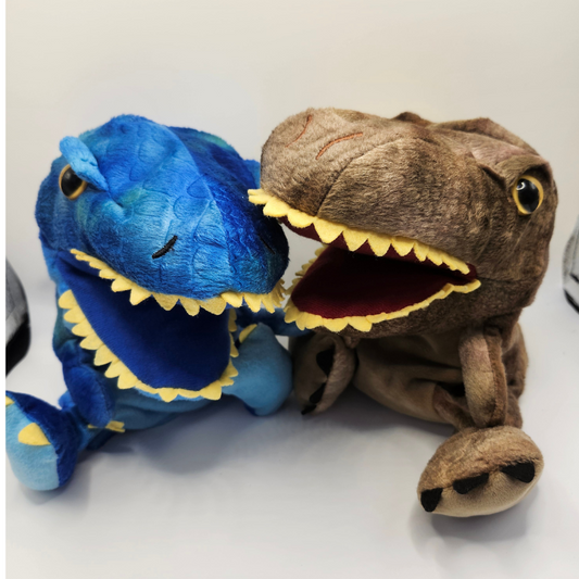 Interactive brown and blue plush Tyrannosaurus Rex finger toy for kids, perfect for storytelling and creativity.