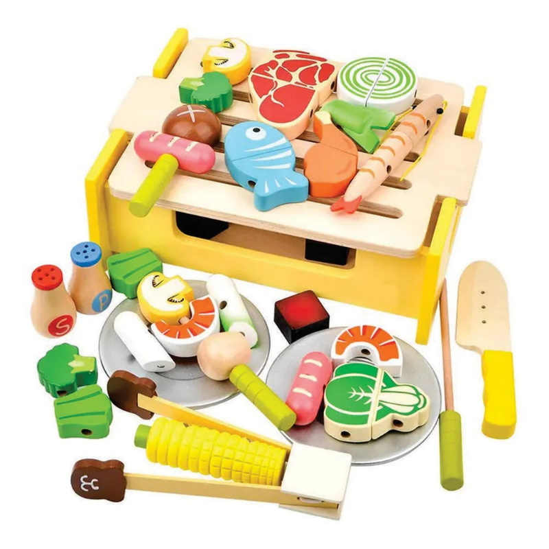 Ensemble de cuisine et barbecue en bois pour maison de jeu - Mini jouet magnétique de stockage et de cuisine pour aliments