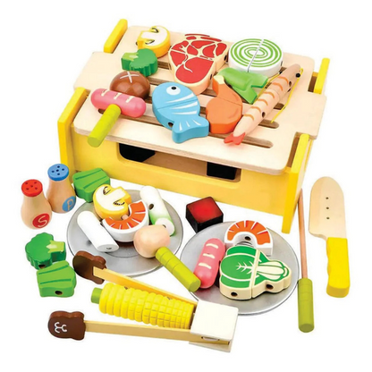 Ensemble de cuisine et barbecue en bois pour maison de jeu - Mini jouet magnétique de stockage et de cuisine pour aliments