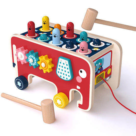 Montessori Wooden Animal Bus Pounding Bench – Interactive Whack-a-Mole Toy for Toddlers