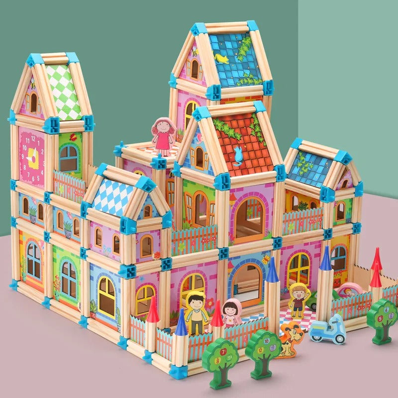 3D Wooden Dollhouse Building Blocks Set for Kids – 128 or 268 Pieces DIY Miniature House with Dolls and Accessories