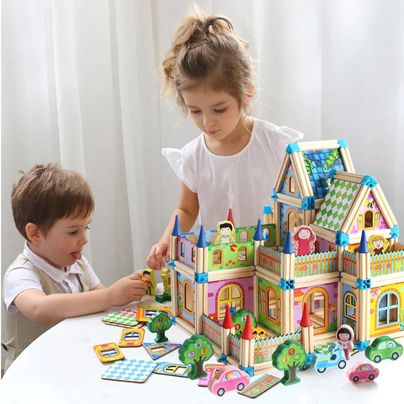 3D Wooden Dollhouse Building Blocks Set for Kids – 128 or 268 Pieces DIY Miniature House with Dolls and Accessories