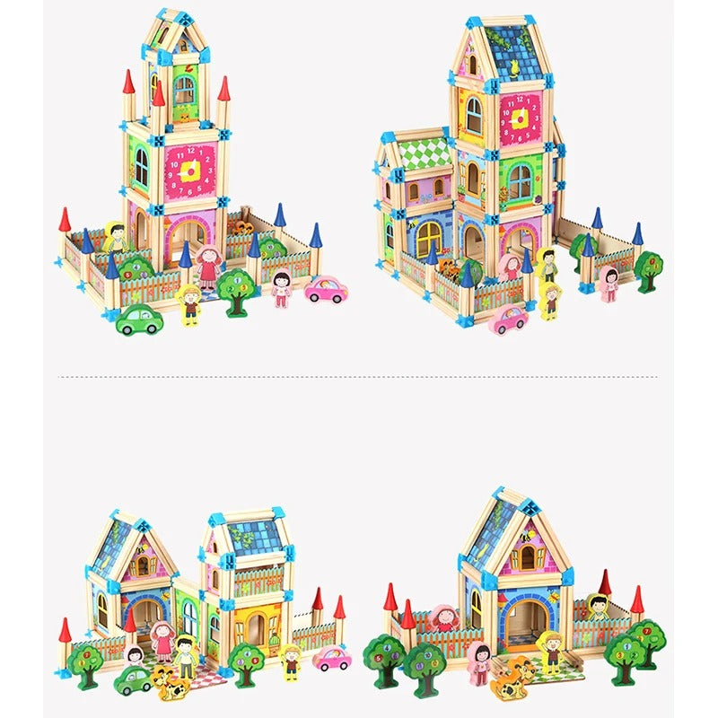 3D Wooden Dollhouse Building Blocks Set for Kids – 128 or 268 Pieces DIY Miniature House with Dolls and Accessories