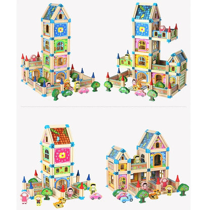 3D Wooden Dollhouse Building Blocks Set for Kids – 128 or 268 Pieces DIY Miniature House with Dolls and Accessories