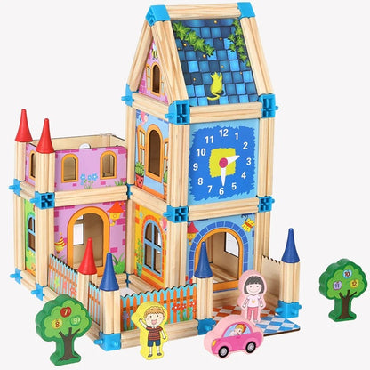 3D Wooden Dollhouse Building Blocks Set for Kids – 128 or 268 Pieces DIY Miniature House with Dolls and Accessories